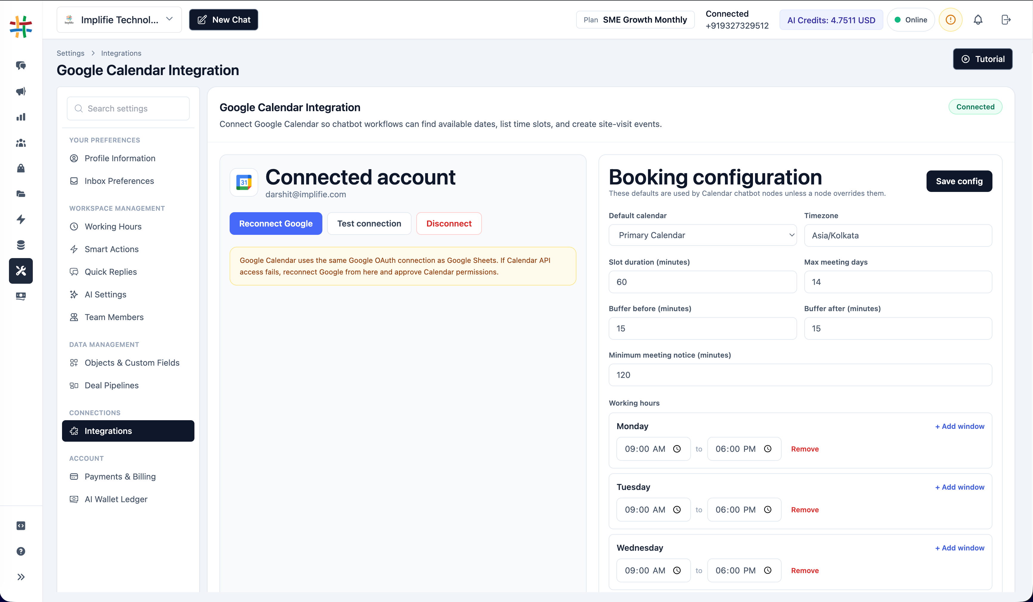 Implifie calendar integration configuration showing booking and reminder workflow settings