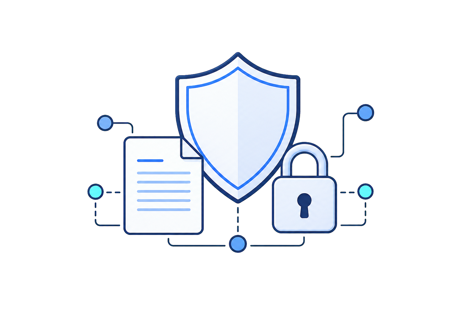 Shield, document, lock, and controlled data-flow nodes representing privacy and legal information