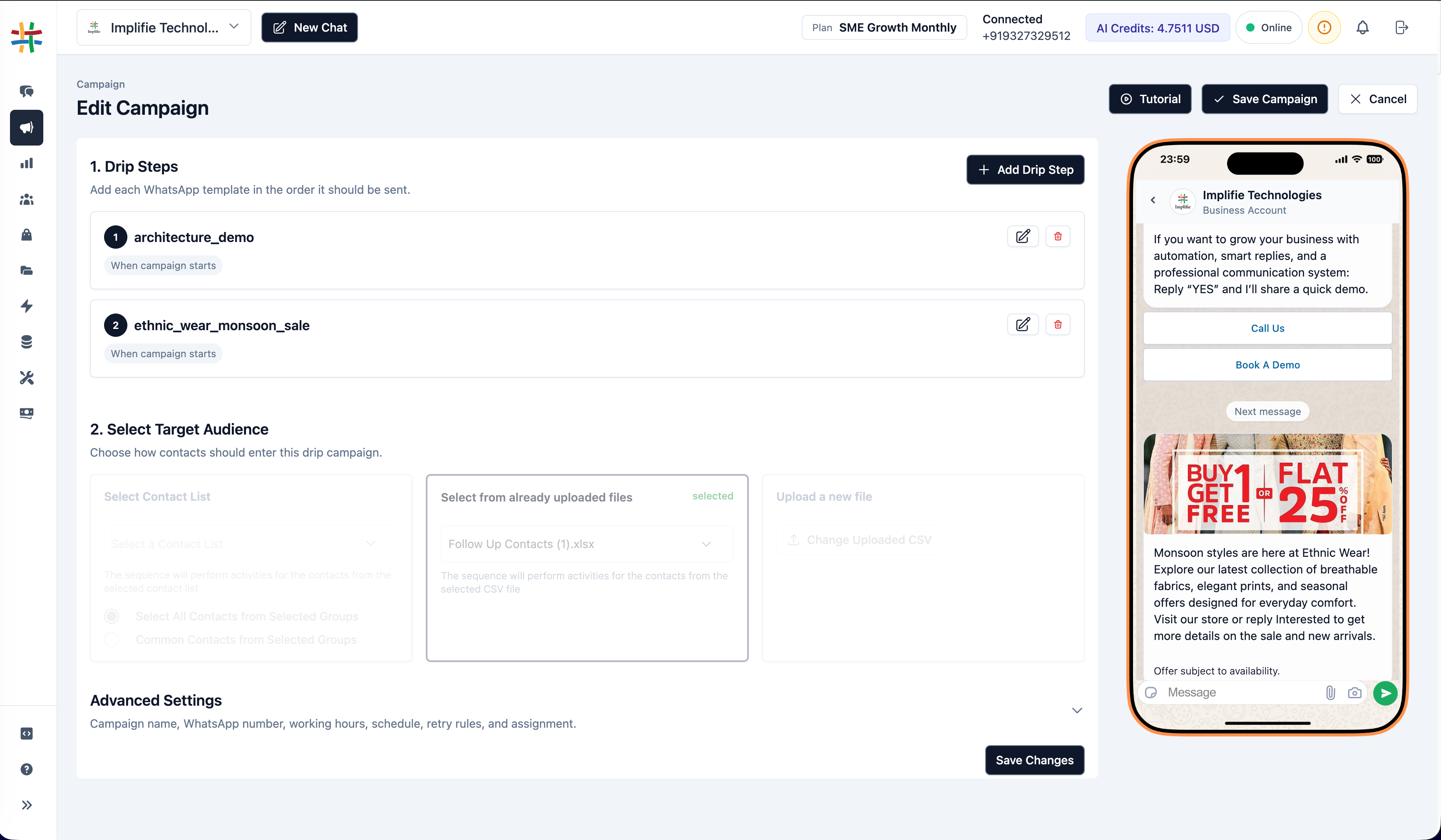 Implifie drip campaign sequence showing multi-step WhatsApp follow-up timing and message workflow