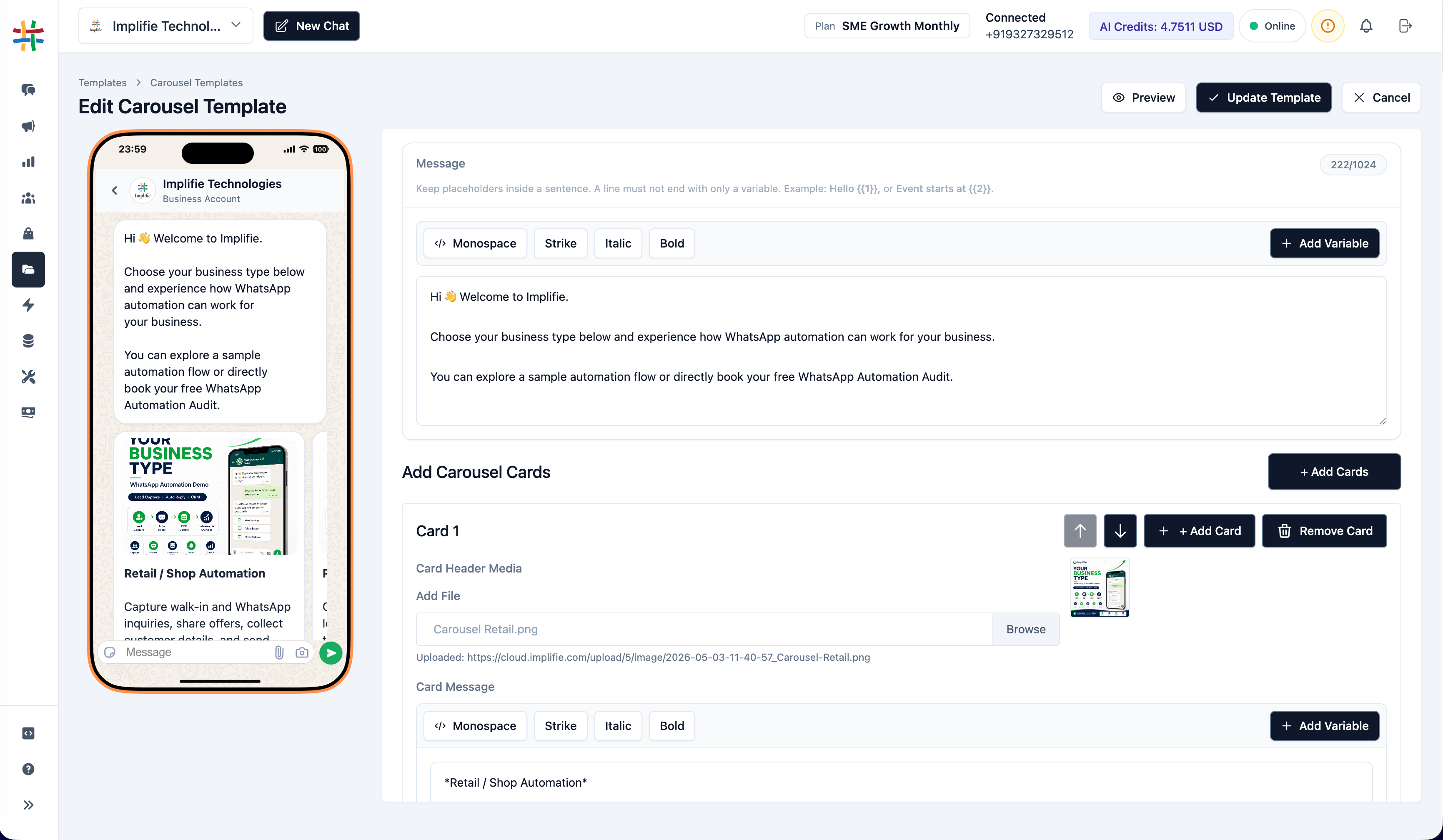 Implifie carousel template and campaign mapping workspace for structured WhatsApp carousel messages