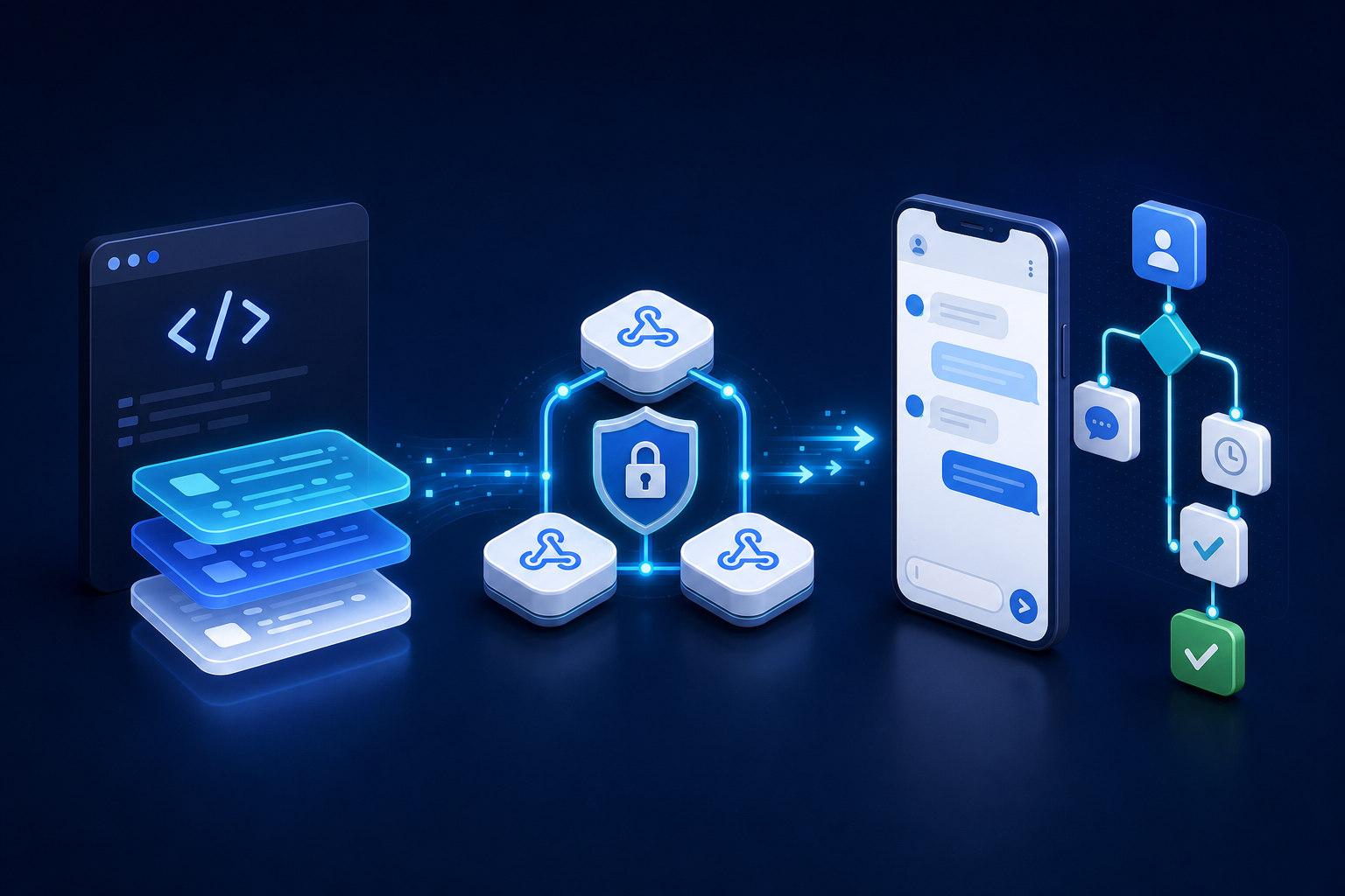 Secure API requests flowing through webhook nodes into a messaging automation workflow