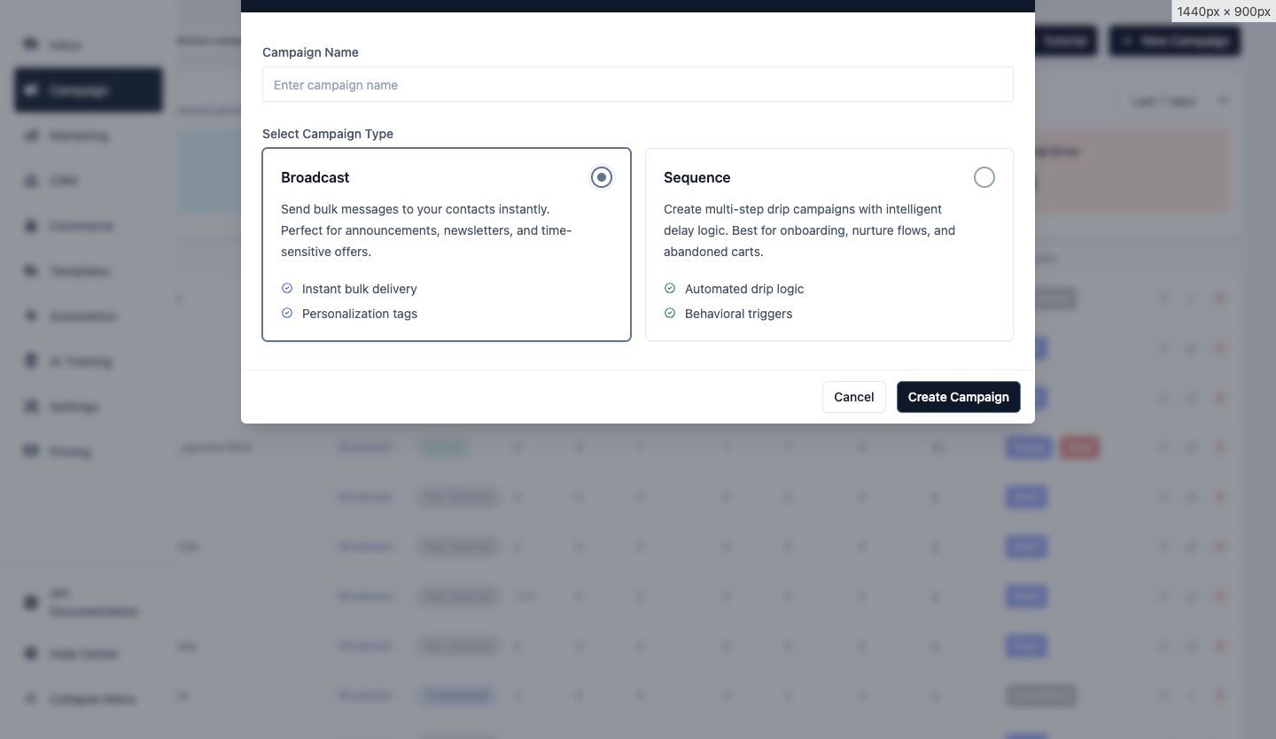 Campaign type chooser for broadcasts and sequences in Implifie