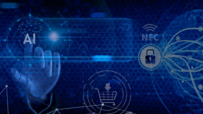 Background displaying AI, NFC, online shopping, technology