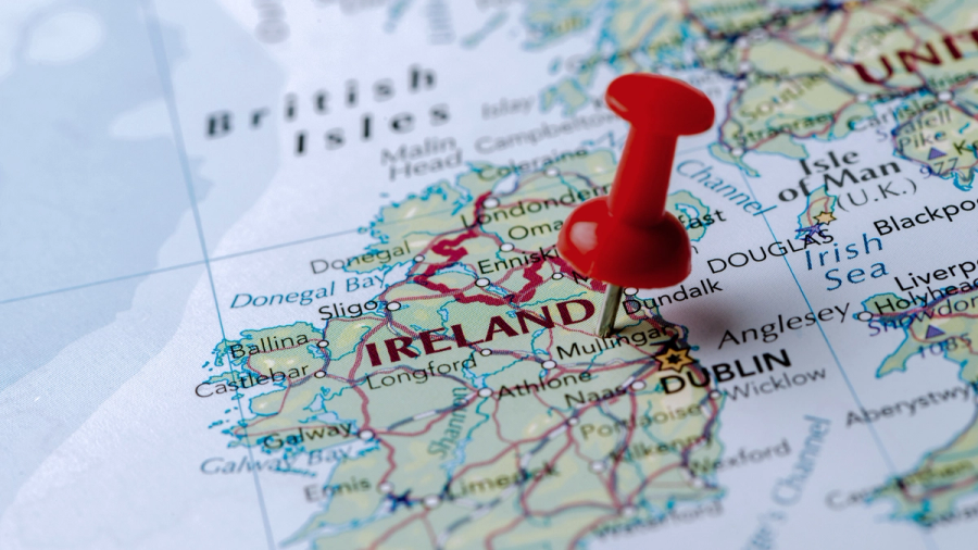 Image of a map showing Ireland and a red pin