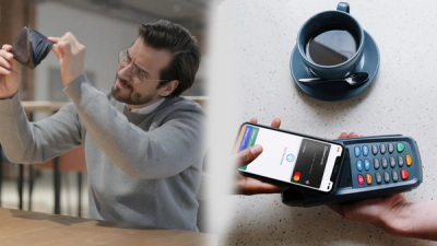 On the left: person stressed looking for cards in his wallet. On the right: person paying with a CleverCard digital Mastercard