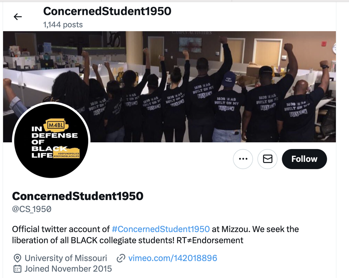 Screenshot of the @CS_1950 X profile. The header photo shows Concerned Student 1950 members from behind, fists raised, wearing black shirts reading "1839 WAS BUILT ON MY B(L)ACK."