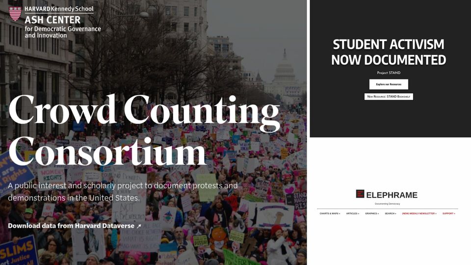 Collage of the Crowd Counting Consortium, Project STAND, and Elephrame websites