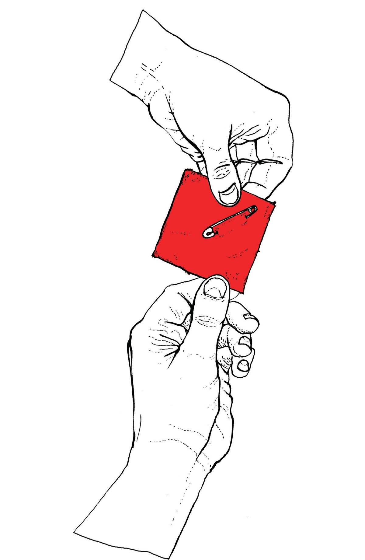 An ink drawing of one hand passing a red fabric square with a safety pin to another hand.