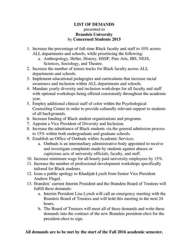 A typed document headed "List of Demands presented to Brandeis University by Concerned Students 2015," listing thirteen numbered demands and ending "All demands are to be met by the start of the Fall 2016 academic semester."