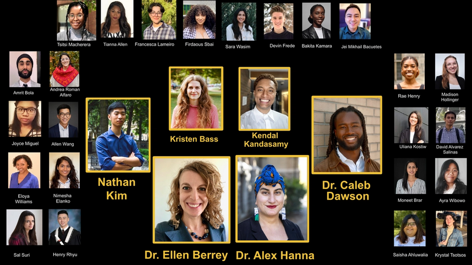 Collage of headshots of the HiPED team: Dr. Ellen Berrey, Dr. Alex Hanna, Dr. Caleb Dawson, Nathan Kim, Kristen Bass and Kendal Kandasamy, surrounded by research assistants.