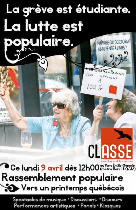 A CLASSE poster shows an older woman with sunglasses and a red square waving a red ribbon beside another woman holding a sign reading "Les grands-parents vous appuient à 100%", under the slogan "La grève est étudiante. La lutte est populaire."