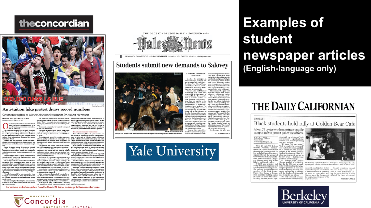 Collage of student newspaper front pages from The Concordian, Yale Daily News and The Daily Californian with university logos.