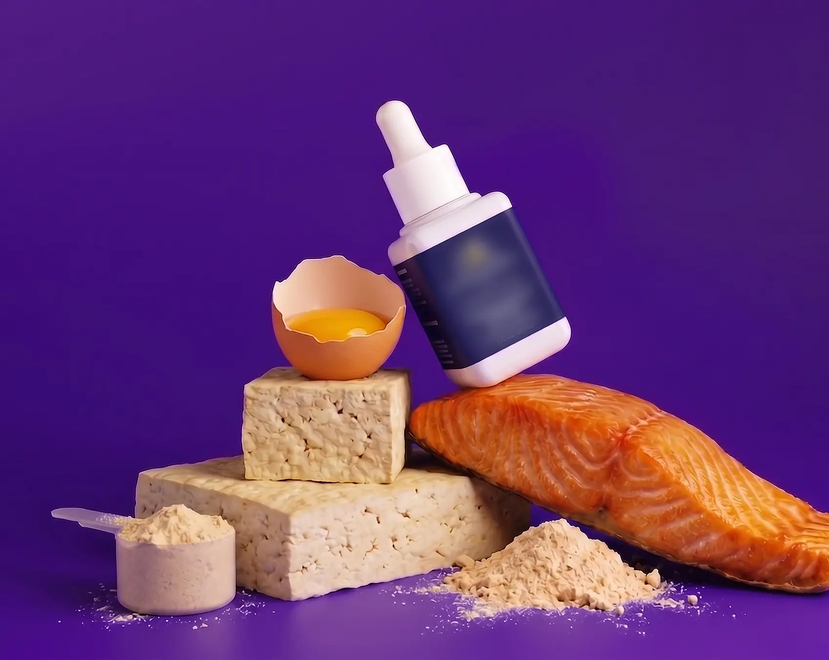 Upcoming Apothékary tincture bottle surrounded by high-protein foods including salmon, tofu, egg, and protein powder on a purple background.