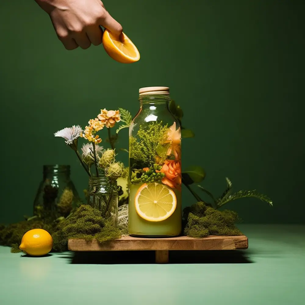 moss and plants surrounding a bottle with lemons