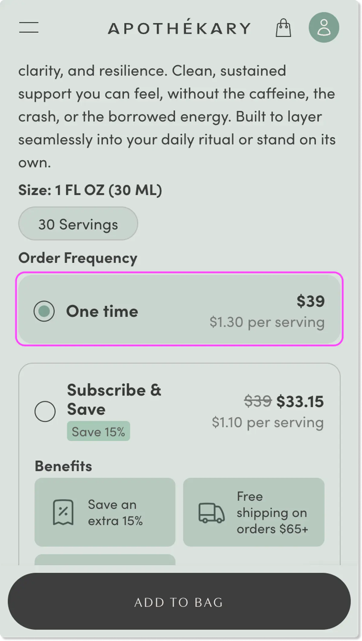 Select "One time" option on the Power Trip™ product details page Select "One time" option on the Power Trip™ product details page