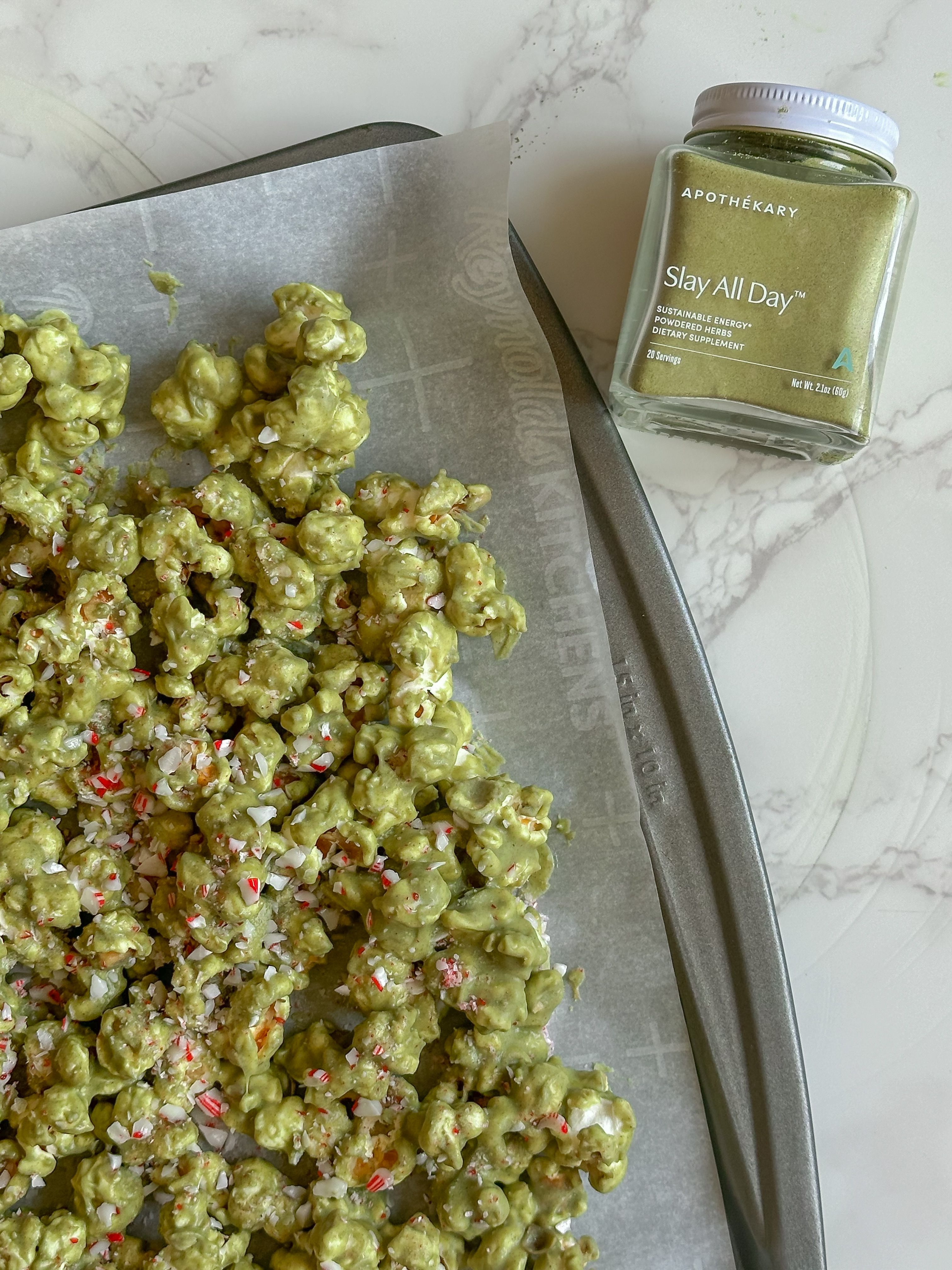 matcha popcorn with candy cane pieces 