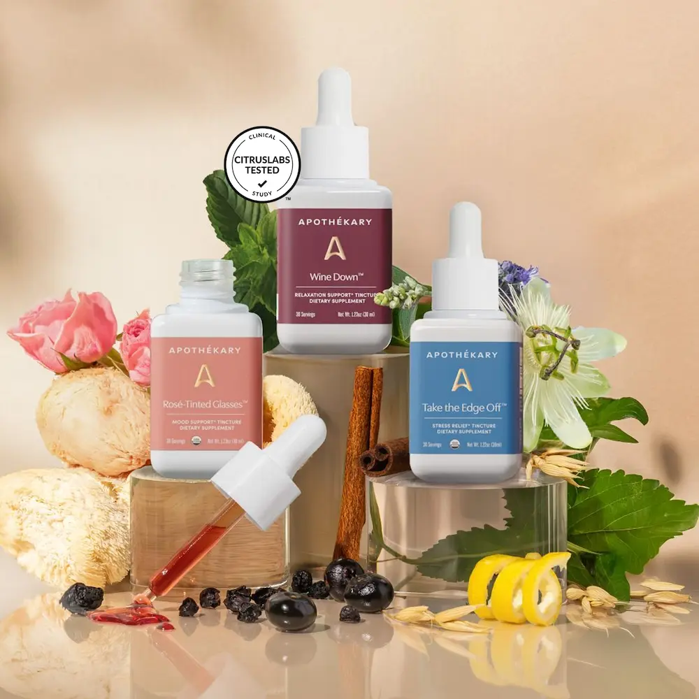 Sober Curious Trio product shoot - Wine Down™, Take the Edge Off®, Rosé-Tinted Glasses™ with CitrusLabs Tested Clinical Study Certification Badge