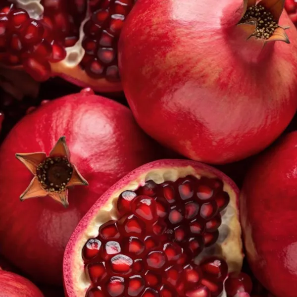Fresh whole and sliced pomegranates