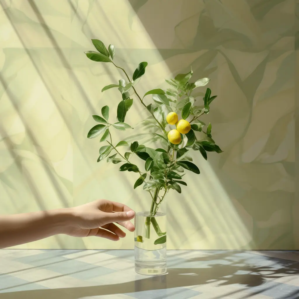 reaching for a vase with lemons