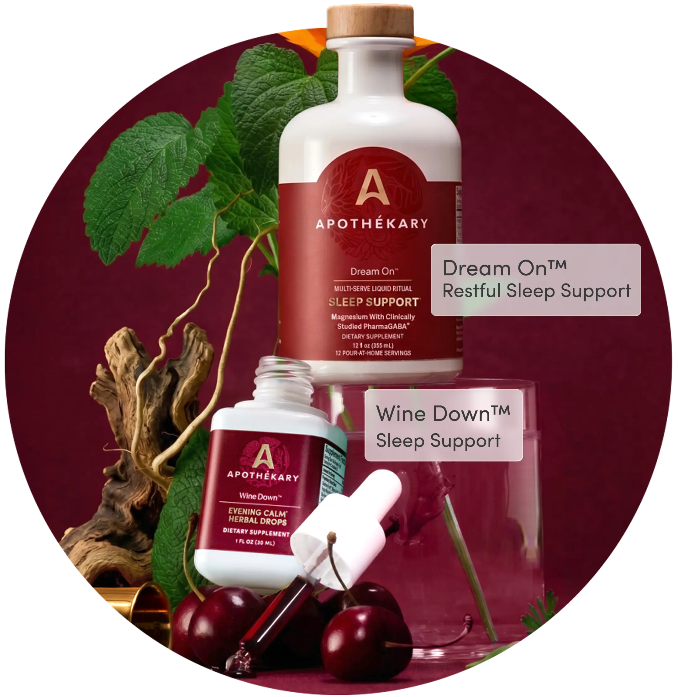 Apothékary Unwind & Sleep Duo featuring Dream On™ Restful Sleep Support and Wine Down™ Sleep Support tincture bottle with cherries and botanicals.