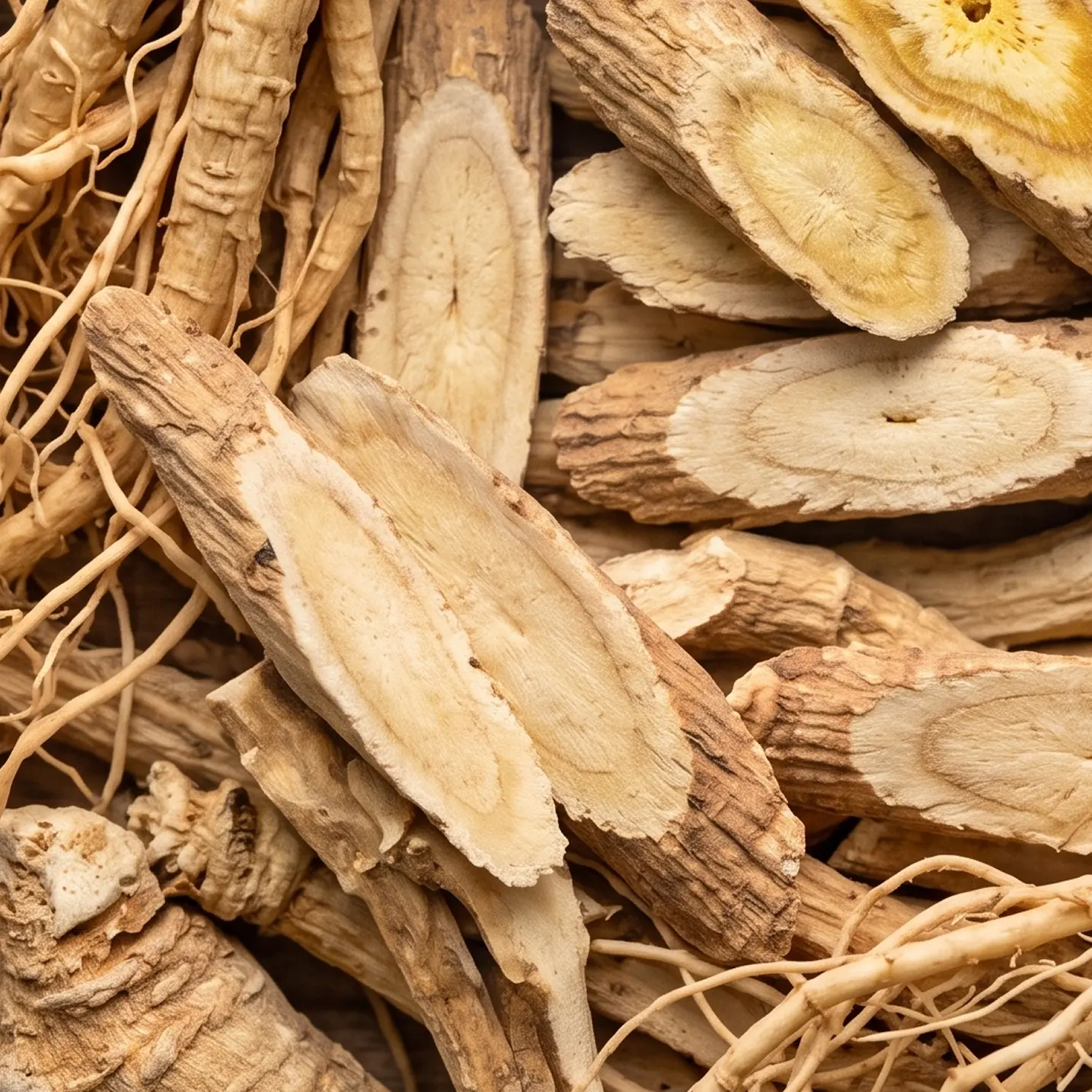 Dried astragalus root slices, one of the key botanical sources of AstraGin®.