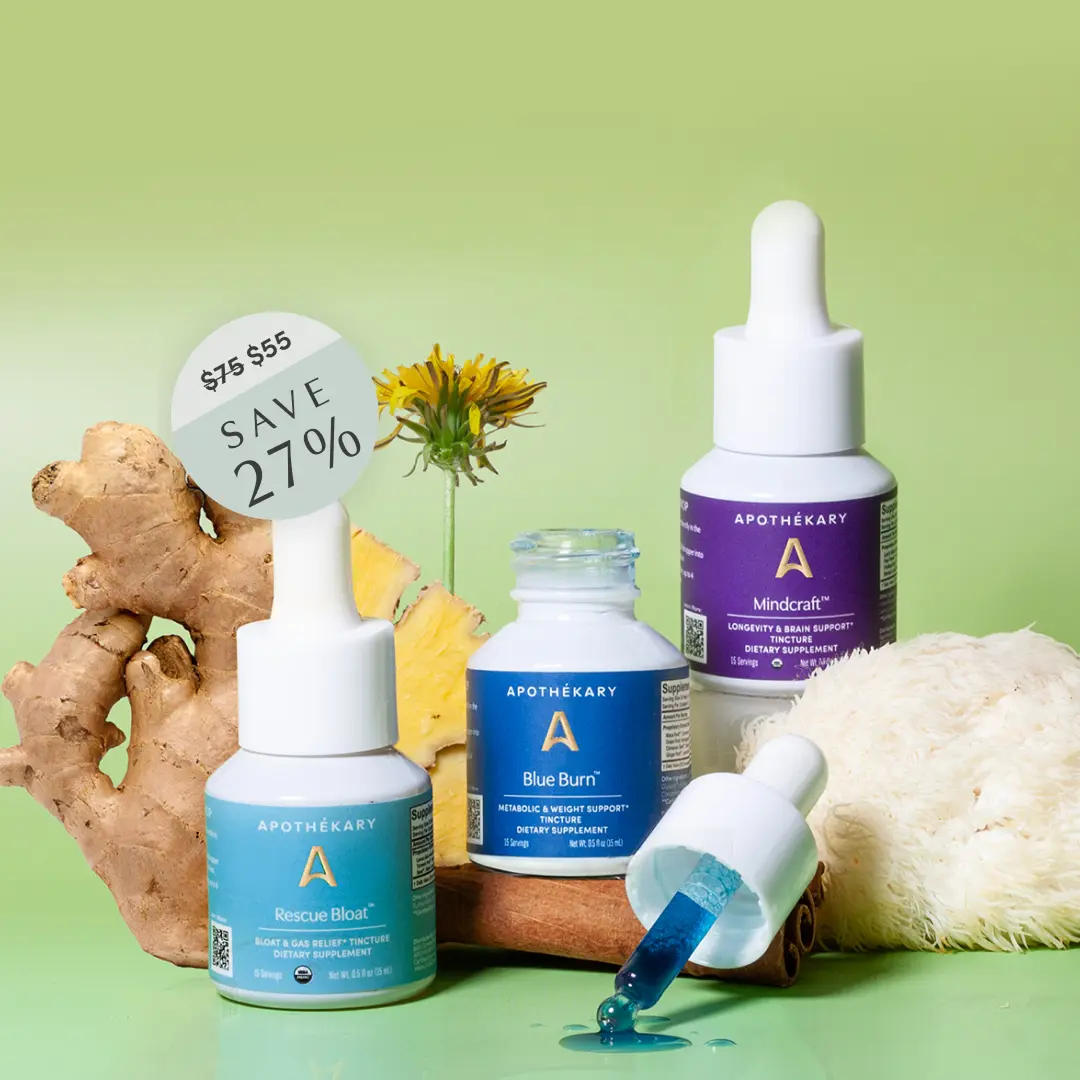Herbalists' Favorites Trio product shoot - Blue Burn™, Rescue Bloat®, Mindcraft™ to support digestion, metabolism, mental clarity, focus, energy, and beat the bloat