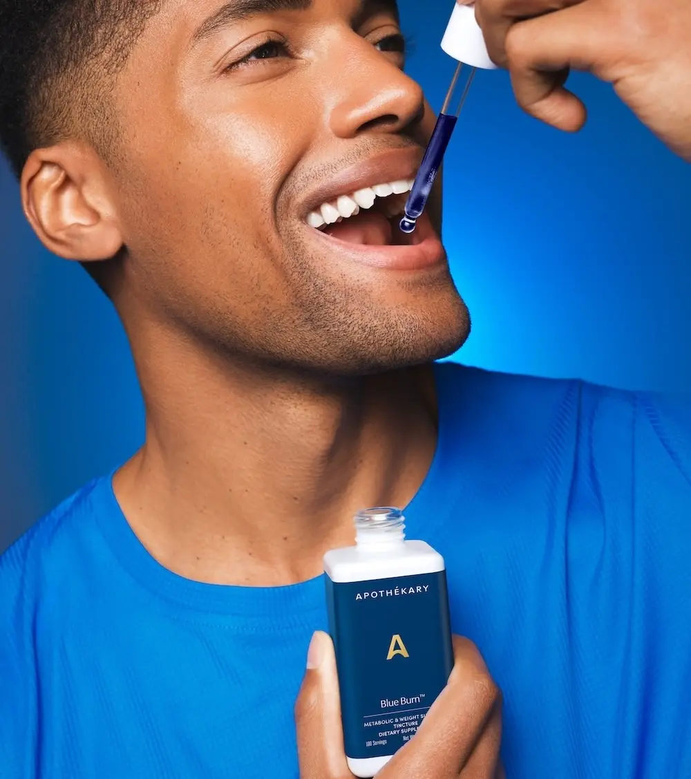 Blue Burn™ is an herbal supplement that supports metabolic health, healthy weight management, blood sugar levels already within normal range, curbs sugar cravings, supports stress response and cortisol levels, and may increase energy levels in the moment and over time. Ingest by dropping directly in the mouth. Key ingredients include: Oregon Grape Root (supports blood sugar), Maca Root (increases energy), Gymnema Leaf (curbs sugar cravings), Ashwagandha Root (supports stress response).