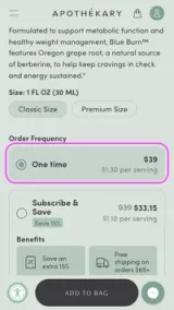 Select "One time" option on the Blue Burn™ product details page