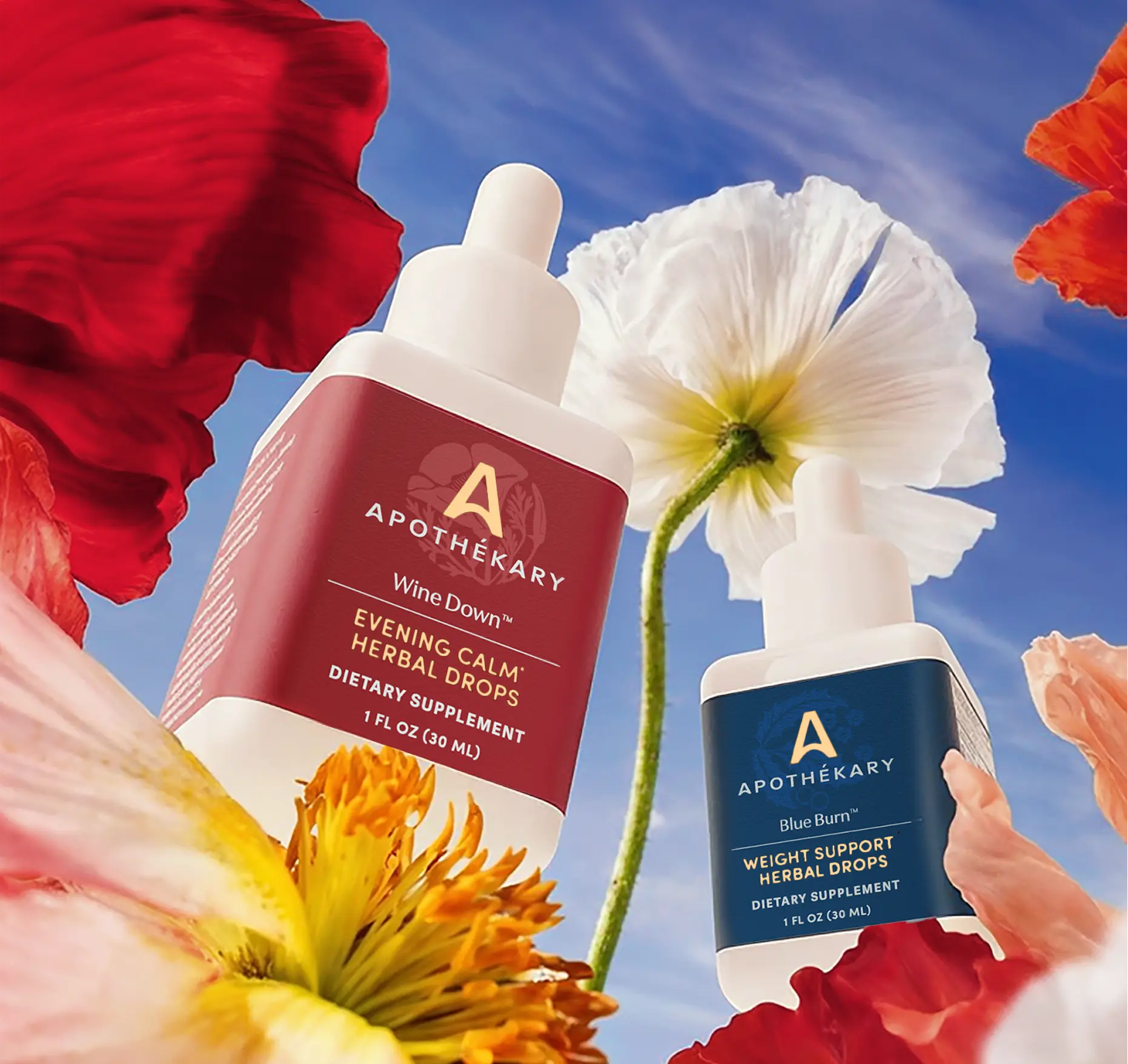 Apothékary Wine Down™ Evening Calm and Blue Burn® Weight Support tincture bottles surrounded by colorful poppy flowers against a blue sky.