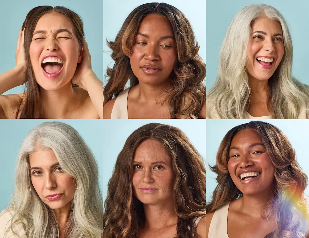 Grid of six images with four women in different phases of life and mood. Every Phase™ is a NEW daily hormone-balancing tincture that supports mood, sleep, and cycle comfort through PMS, perimenopause, and menopause. Formulated with Pycnogenol®, it helps ease discomfort associated with hormonal changes—through every phase.*