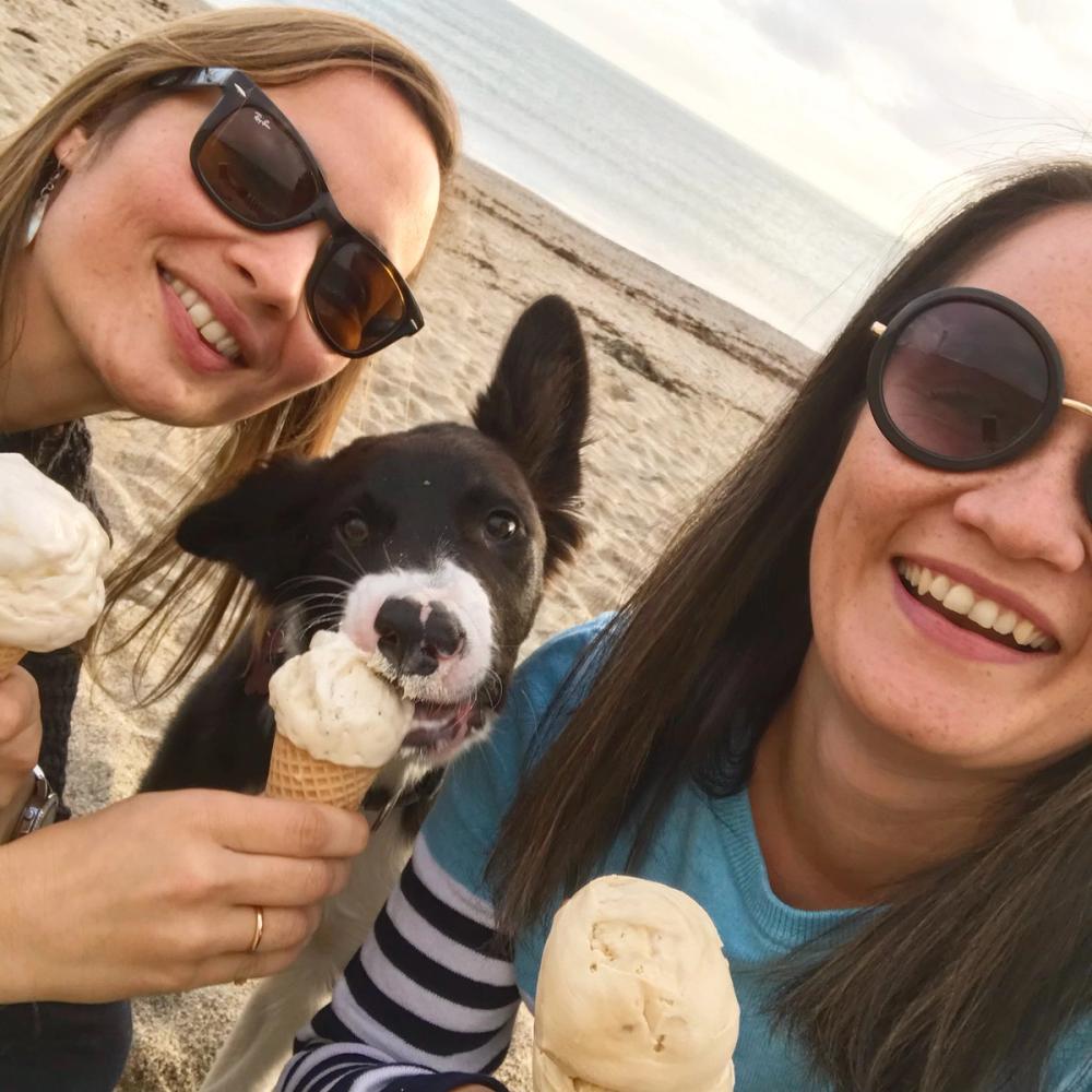 Two women enjoy an ice cream with their dog on one of Devon's beaches