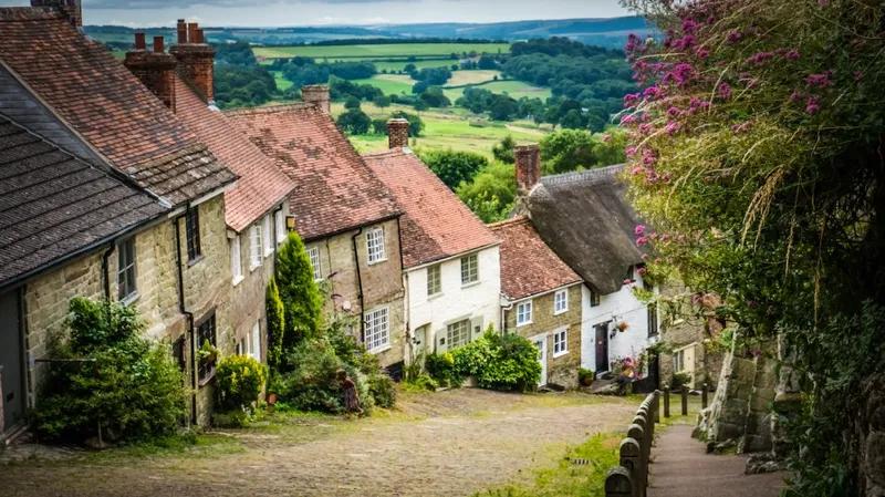 Row of cottages on a hill in Dorset