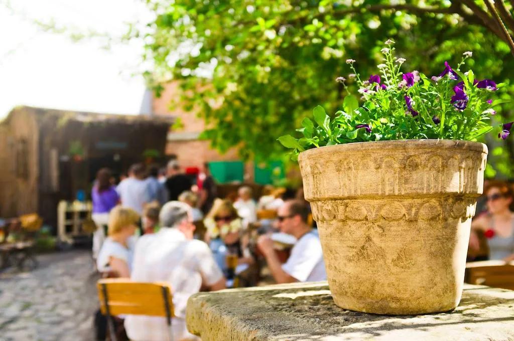 The pretty outdoor beer garden at The Dog and Gun, a dog-friendly pub in the Lake District