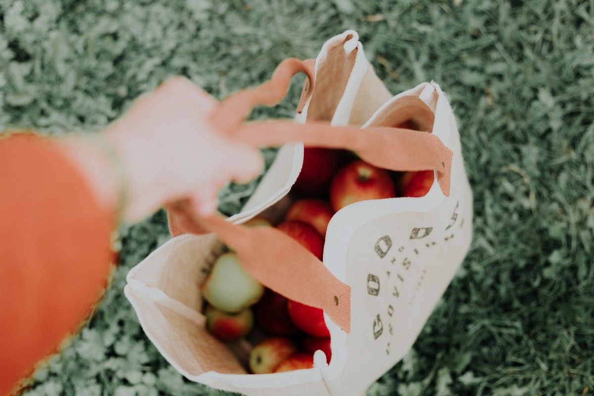 A tote full of locally-sourced and grown apples, an eco-friendly travel tip from Dog Friendly Cottages