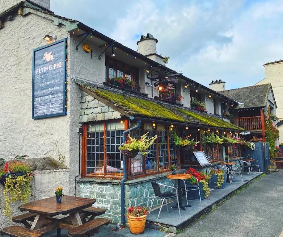 The exterior of The Flying Pig Pub, a dog-friendly pub in the Lake District