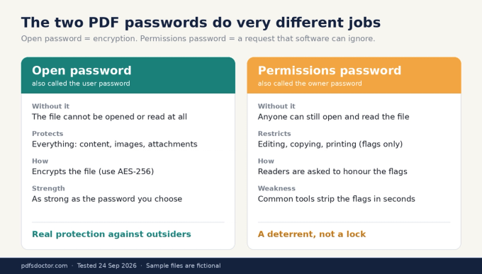 Comparison of the two PDF passwords: the open password encrypts the file and blocks reading, while the permissions password only sets editing and copying flags that software can ignore