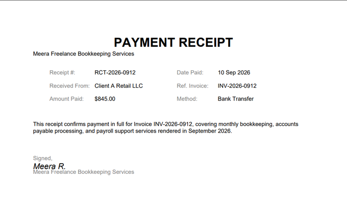 Signed payment receipt confirming the $845.00 invoice was paid in full via bank transfer — the second file in this merge example