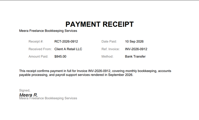Signed payment receipt confirming the $845.00 invoice was paid in full via bank transfer — the second file in this merge example