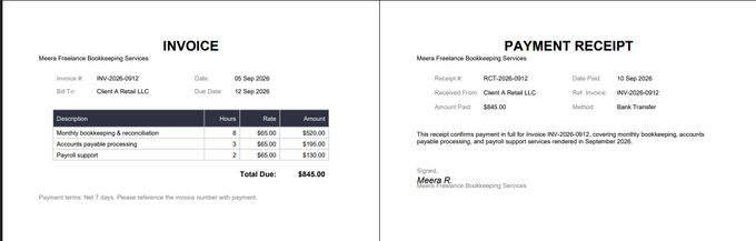 Side-by-side preview of the merged PDF: the invoice on page 1 and the payment receipt on page 2, in the correct order