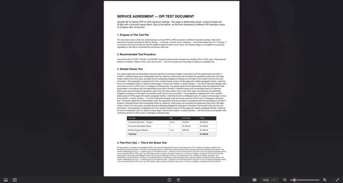 The same Service Agreement test page after PDF to JPG conversion, viewed to check whether the 7pt fine print stayed legible.