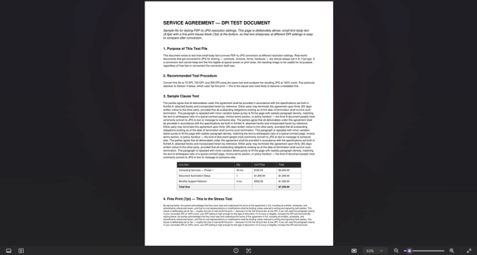 The same Service Agreement test page after PDF to JPG conversion, viewed to check whether the 7pt fine print stayed legible.