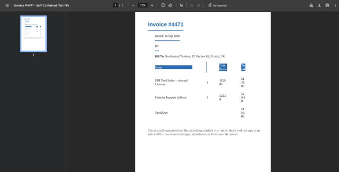 the actual invoice output, with a caption calling out the missing SVG fill