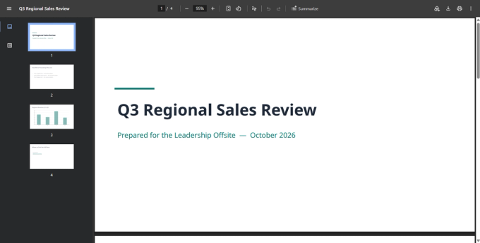 The converted PDF opened in Chrome's built-in PDF viewer, showing the title slide and a thumbnail strip of all four pages.