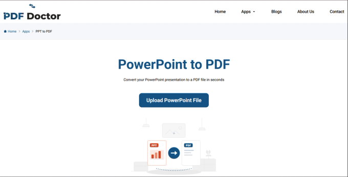 Screenshot of the PDF Doctor PowerPoint to PDF tool landing page at pdfsdoctor.com, showing the heading 