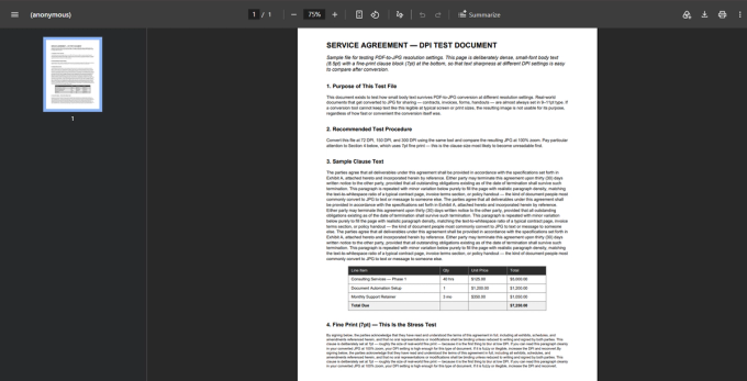 The Service Agreement DPI test PDF open in a browser PDF viewer, showing dense 8.5pt body text, a data table, and the 7pt fine-print clause block used to test text legibility.