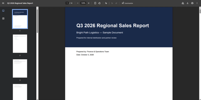 Sample 14-page Q3 2026 Regional Sales Report opened in a PDF viewer, showing the cover page and a 14-page thumbnail sidebar