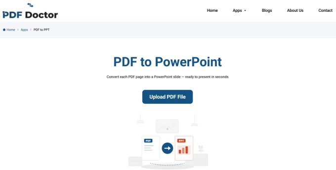 Screenshot of the PDF Doctor website's PDF to PowerPoint landing page, showing the page title 