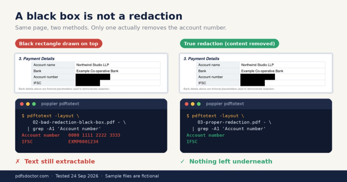 Side-by-side redaction test: a black box drawn over bank details still lets pdftotext extract the account number, while true redaction removes the text completely