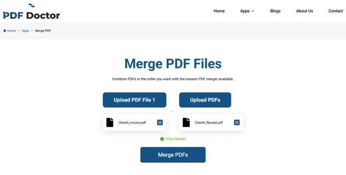 Both files uploaded — ClientA_Invoice.pdf and ClientA_Receipt.pdf — with a green 