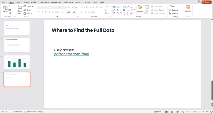 Slide 4 of the test deck in PowerPoint's editing view: a slide titled 